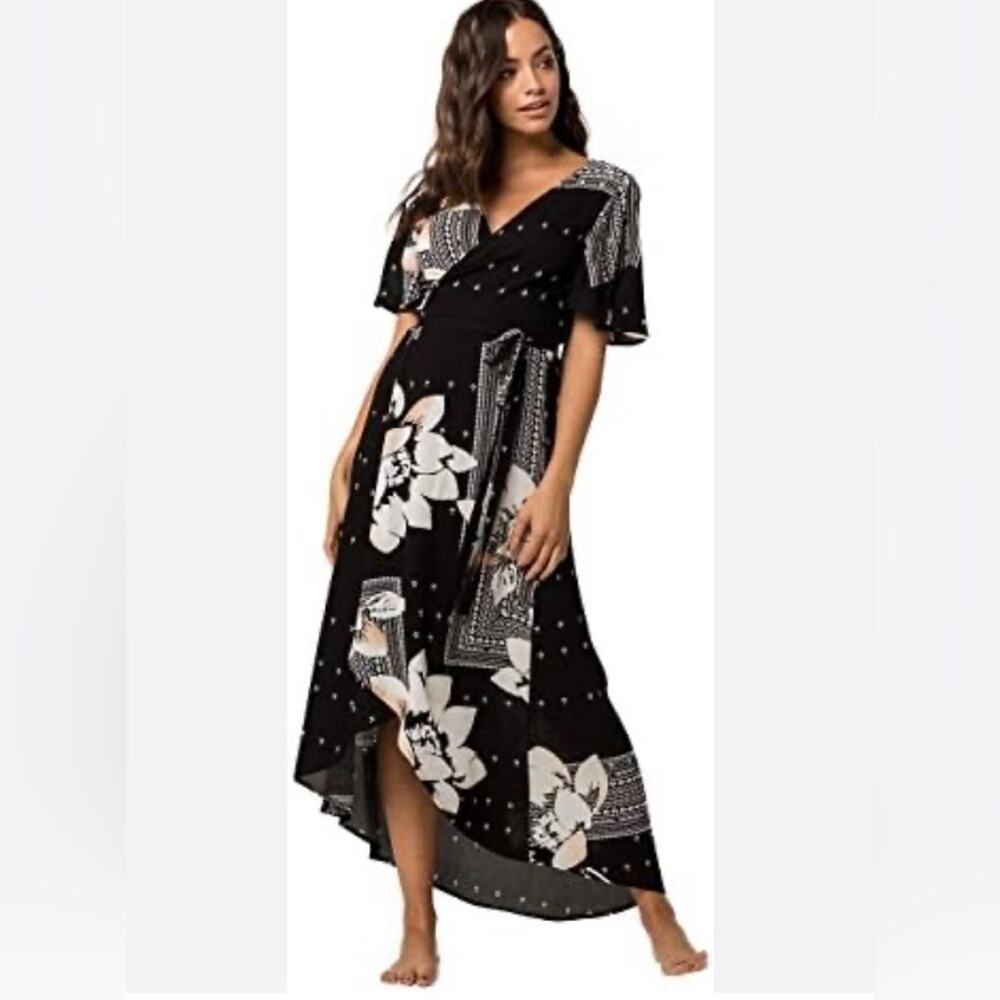 O'Neill Black White Alamante Printed Wrap Maxi Dress Small